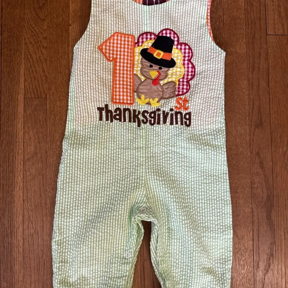 Lil Cactus Thanksgiving‎ Jon-Jon overalls Green Gingham Checkered 6-12 months